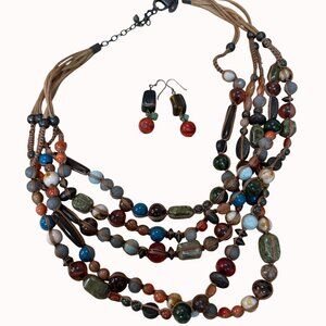 Chicos Multicolor Beaded Necklace & Earrings Set Stone, Boho, Gypsy, Statement,